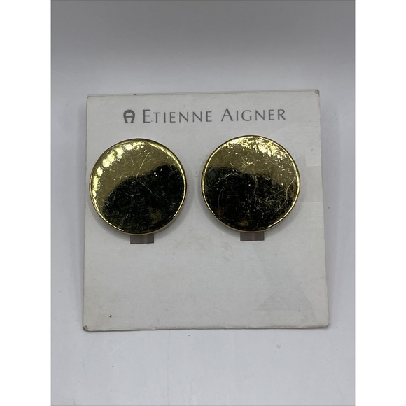 Vintage Etienne Aigner Gold Tone Round Earrings - Picture 2 of 5